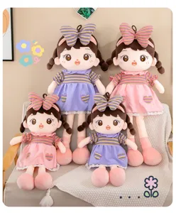 Cute fluffy cotton doll plush toy, sweet striped dress and bow, soft hugging pillow for girls.