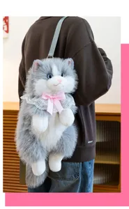 Mochila de peluche de gato ragdoll para niñas,bolso de hombro animal suave con lazo de encaje.
