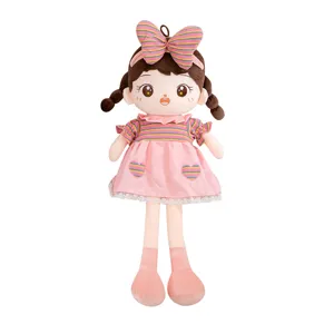 Cute cotton doll plush toy with sweet pink dress and striped bow, perfect girl birthday gift.