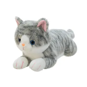 Cute lying cat plush toy hugging pillow, soft stuffed animal doll for birthday gift.