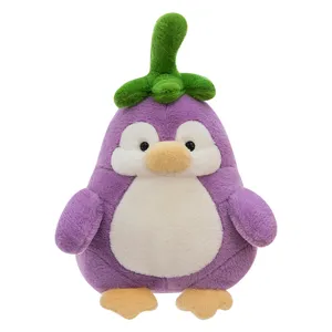 Simpatico peluche pinguino melanzana vista principale, morbido giocattolo per bambini.