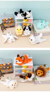 Detailed close-up of cute floral plush animal toys displayed on a lovely mini desktop setup.