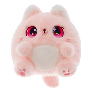 Cute round pink cat plush toy with big sparkling eyes and soft stuffed doll gift for kids.