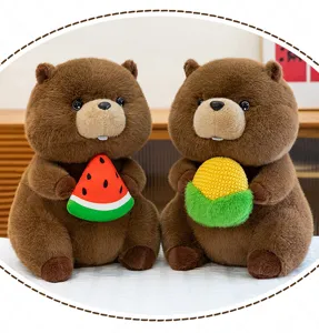 Cute cartoon marmot plush toy holding watermelon and corn funny styling soft sleeping pillow.