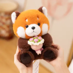 Cute red panda plush toy holding a crochet bouquet, soft stuffed animal gift for girlfriend.