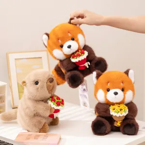 Cute plush red panda marmot toy with flower bouquet, soft stuffed animal gift for kids.