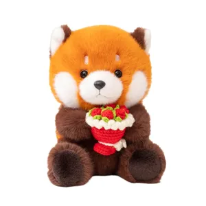 Cute red panda plush toy holding a crochet flower bouquet, soft stuffed animal gift for girls.