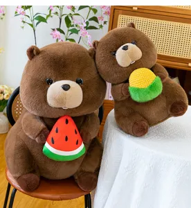 Cute marmot plush toy holding watermelon corn, soft stuffed animal pillow for room decor.