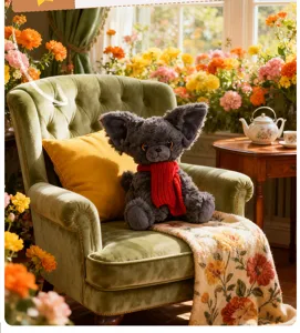 Lindo peluche de gato Devon Rex con bufanda roja, suave muñeco de peluche para regalo.