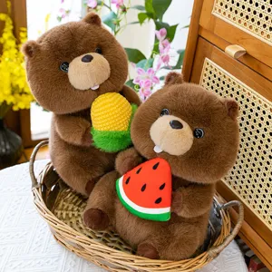 Cute marmot plush toy holding corn and watermelon, soft stuffed animal pillow for kids.