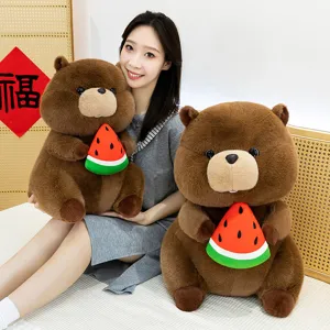 Cute marmot plush toy holding watermelon, soft stuffed animal pillow for kids and sleeping.