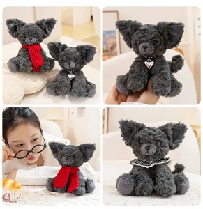 Lindo peluche de gato Devon Rex con babero de encaje y bufanda, regalo suave.