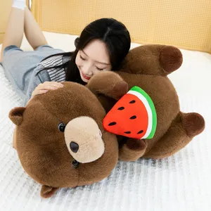 Cute cartoon plush marmot toy hugging watermelon pillow soft stuffed doll for kids sleep.