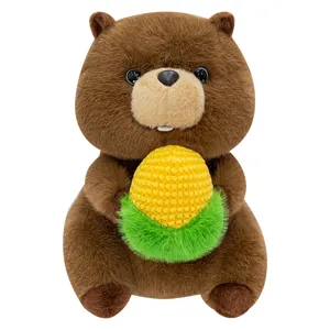 Cute cartoon marmot plush toy holding corn, soft stuffed animal doll sleeping pillow.
