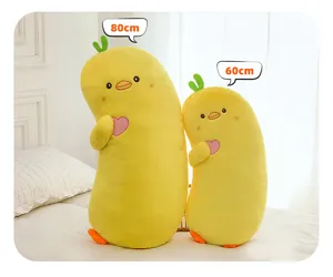 Cute yellow duck plush body pillow with heart embroidery, soft long sleeping cushion for kids.