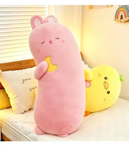 Cute long plush rabbit and duck body pillow, soft cartoon animal cushion for sleeping bed.