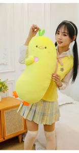 Cute yellow duck long plush body pillow detail view, soft hugging cushion for sleeping comfort.