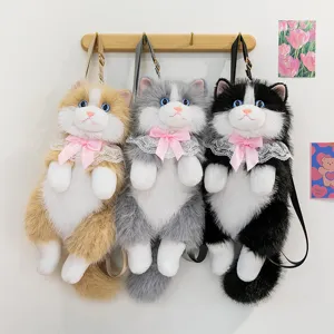Mochila de gato de peluche bonita, bolso de hombro suave de animal con lazo rosa.
