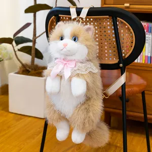Lindo mochila de felpa con diseño de gato para niñas, bolso de hombro suave con lazo de encaje.