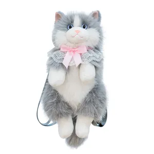 Linda mochila de gato de felpa para niñas, bolso de hombro de gatito gris con lazo.