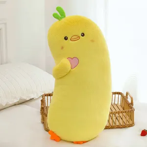 Cute yellow duck long plush pillow, soft cartoon animal body cushion for sleeping and bed.