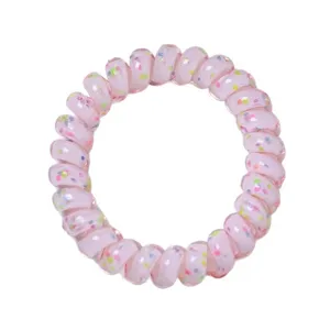 Pink confetti telephone cord hair tie, cute seamless spiral hair coil for daily styling.