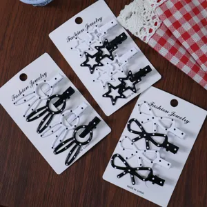 Korean style sweet black and white polka dot hair clips set, cute star bow hairpins for women.