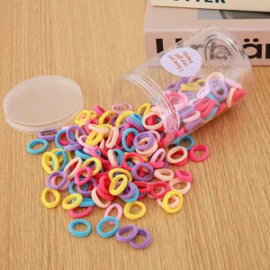 Colorful seamless hair ties for kids, candy color elastic hair bands with clear storage jar.