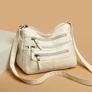 Women's Multi-Layer Soft Leather Crossbody Bag Casual Solid Color Shoulder Bag Daily Multi-Pocket Messenger Bag