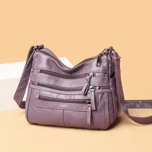Women multi-pocket soft leather crossbody shoulder bag casual purple stylish everyday purse
