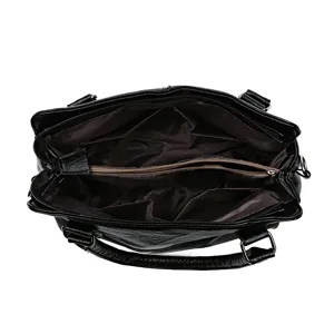 Black soft leather tote bag for women, large capacity commuter shoulder handbag with compartments.