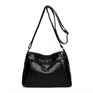 Black washed soft leather multi-pocket shoulder crossbody bag for women, stylish daily use.