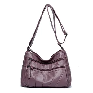 Washed soft leather multi-pocket shoulder crossbody bag for women, spacious casual purse.