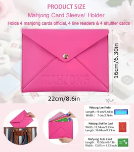 Pink PU leather Mahjong card sleeve holder detail showing dimensions and inner accessories.