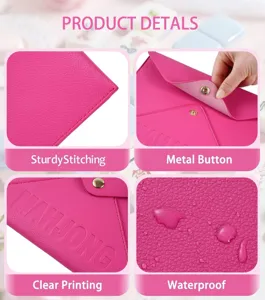 Detailed view of pink PU leather mahjong card storage pouch showing fine stitching and button.