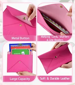 Pink PU leather mahjong card storage bag with metal button snap closure detail.