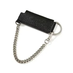 Black leather lighter case with silver chain detail, creative punk accessories.