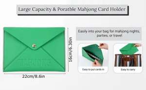 Close-up detail showing dimensions and usage features of the green leather card holder.