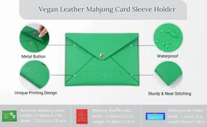 Vegan leather mahjong card sleeve holder with metal button for board game accessories storage.