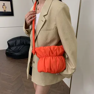 Women orange nylon puffer shoulder bag stylish gathered pleated cloud handbag casual crossbody