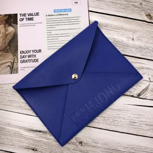 Blaues PU-Leder Mahjong Karten Aufbewahrungstasche Umschlagtasche mit goldenem Druckknopf.