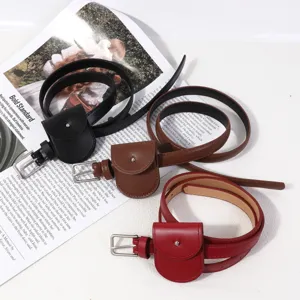 Stylish women thin waist belt with mini pouch set black brown red PU leather fashion accessory