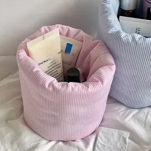 Panier de rangement de maquillage en coton plissé, organisateur de bureau en tissu.