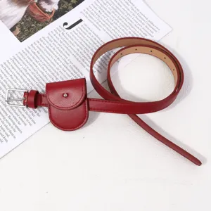 Red thin leather belt with mini pouch detail, stylish waist accessory for women.