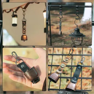 Outdoor camping bear bell detail, retro leather strap with brass bell for hiking, backpacking.