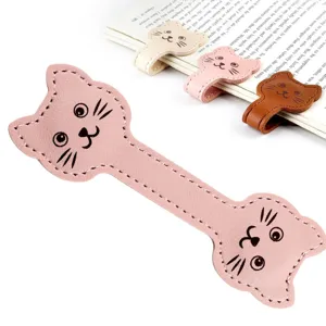 Cute leather magnetic cat bookmark for student reading and page marking, pink color main view.