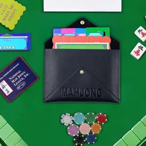 Black PU leather mahjong card storage pouch envelope style with metal snap travel gift box.