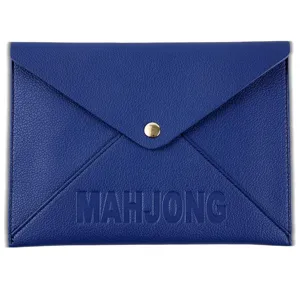 Blue PU leather envelope pouch for mahjong cards with stylish gold snap button closure.