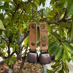 Outdoor bear bell detail shot, retro bronze finish metal bell with leather hanging strap.