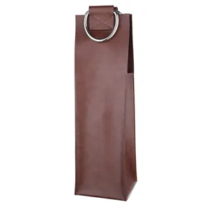 Borsa per bottiglia di vino in pelle marrone premium con manico ad anello metallico per regalo.